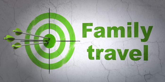 Success travel concept: arrows hitting the center of target, Green Family Travel on wall background