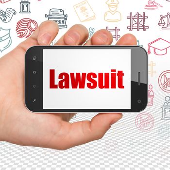 Law concept: Hand Holding Smartphone with  red text Lawsuit on display,  Hand Drawn Law Icons background