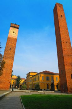 View of some towers in the historic center of Pavia, Lombardy. In the Middle Ages the city was full of towers, but now there are only a few.
