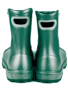 Comfortable Dark Green Rubber Boots isolated on white background. Back View