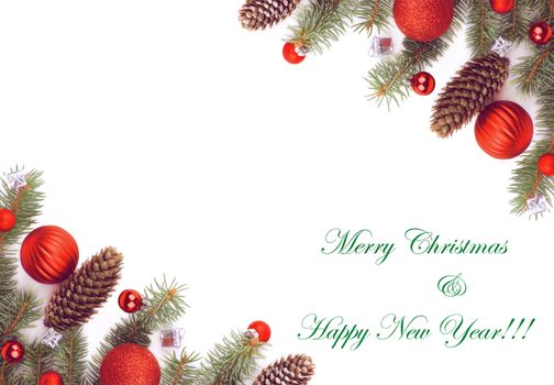 Christmas Greeting Card with Two Corner Borders of Spruce Branch, Fir Cones, Red Baubles and Silver Gift Boxes with Inscription isolated on white background