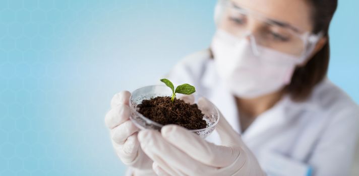 science, biology, ecology, research and people concept - close up of young female scientist wearing protective mask holding petri dish with plant and soil sample over blue background