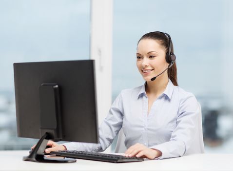 business, communication and call center concept - friendly female helpline operator with headphones