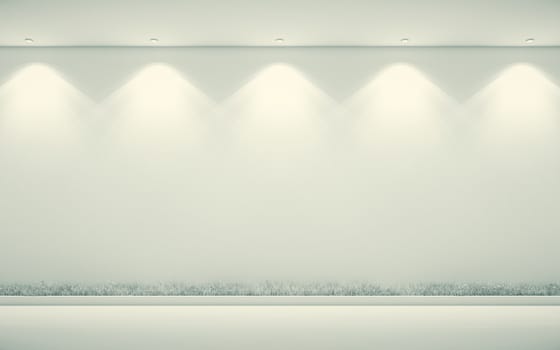 white wall, white floor, lamps, 3d Illustration