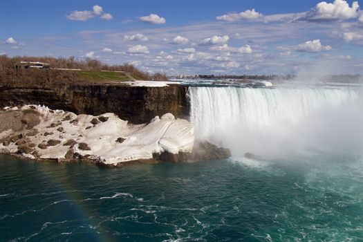 The background with the fantastic Niagara falls, snow and rainbow