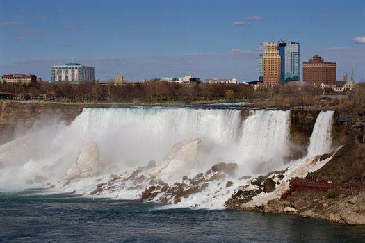 Beautiful view on the American side of the Niagara falls with the ice