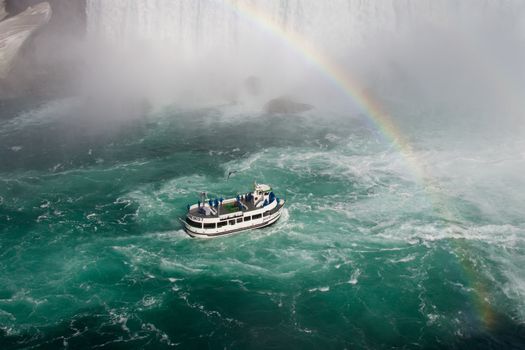 Fantastic background with the ship, beautiful rainbow and the Niagara falls