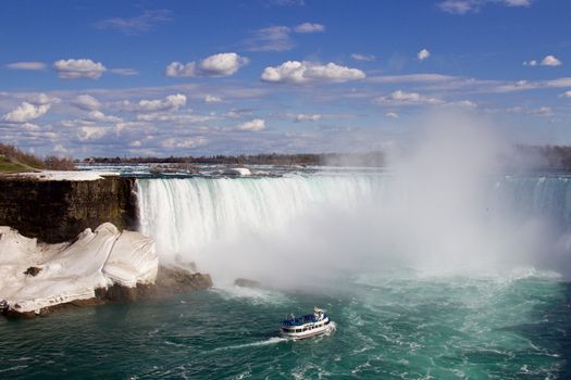 The ship is coming to the mist of the Niagara falls