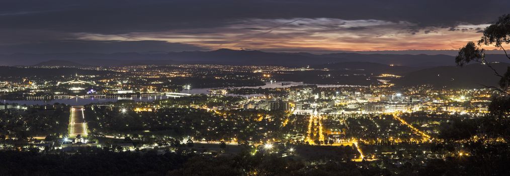 Panoramic view of Canberra at sunset. Canberra, Australian Capital Territory, Australia.