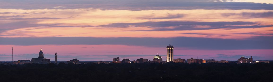 Skyline of Springfield at sunset. Springfield, Illinois, USA