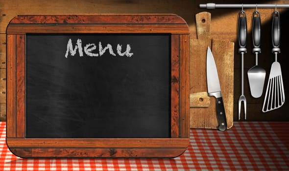 Old empty blackboard with wooden rectangular frame and text Menu in the kitchen with utensils. Template for recipes or food menu