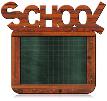 Old empty and green blackboard with wooden rectangular frame, text School and screws. Isolated on white background