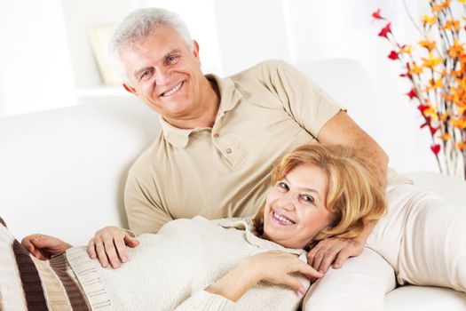 Hugging Senior couple in living room.