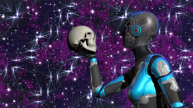 Illustration of futuristic Female Android in Deep Space holding human skull