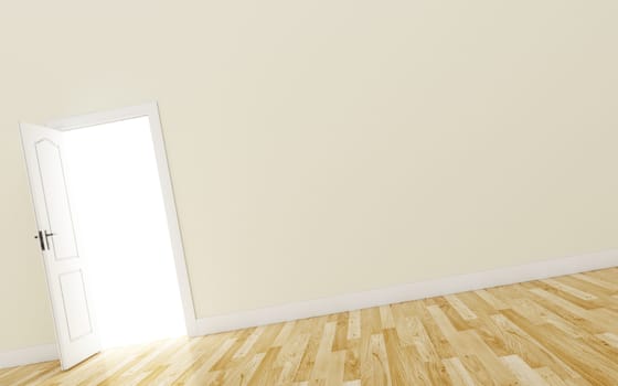 Opened White Door on brown Wall, Wood Floor