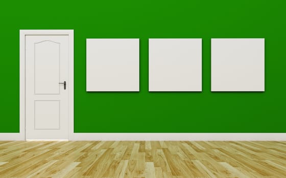 Closed White Door on Green Wall , three blank poster , Wood Floor