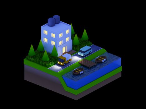  isometric city buildings, landscape, Road and river, night scene