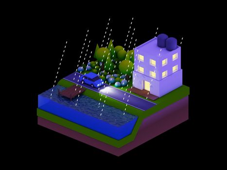  isometric city buildings, landscape, Road and river, night scene, raining