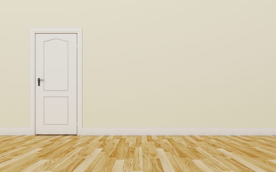 Closed White Door on brown Wall, Wood Floor