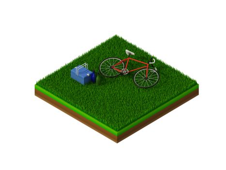 isometric red bicycle on green grass