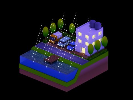  isometric city buildings, landscape, Road and river, night scene, raining