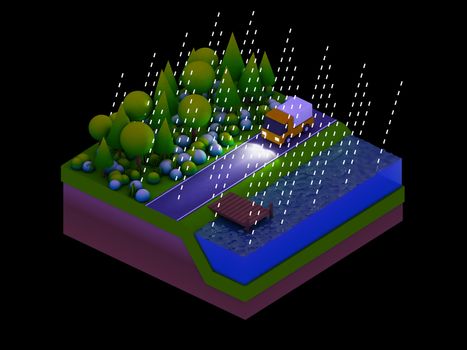  isometric city buildings, landscape, Road and river, night scene, raining