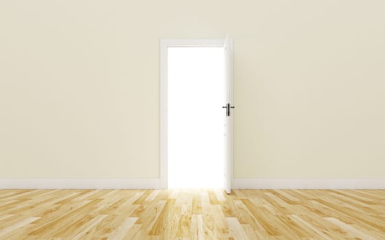 Opened White Door on brown Wall, Wood Floor