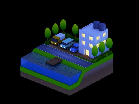  isometric city buildings, landscape, Road and river, night scene