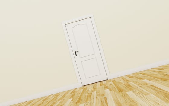 Closed White Door on brown Wall, Wood Floor