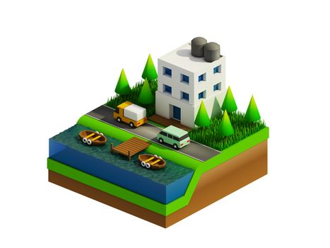  isometric city buildings, landscape, Road and river