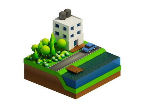  isometric city buildings, landscape, Road and river