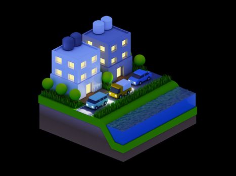  isometric city buildings, landscape, Road and river, night scene