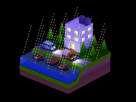  isometric city buildings, landscape, Road and river, night scene, raining