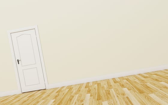 Closed White Door on brown Wall, Wood Floor