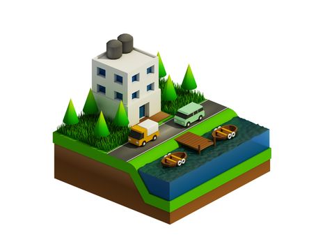  isometric city buildings, landscape, Road and river