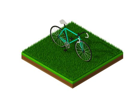 isometric blue bicycle on green grass