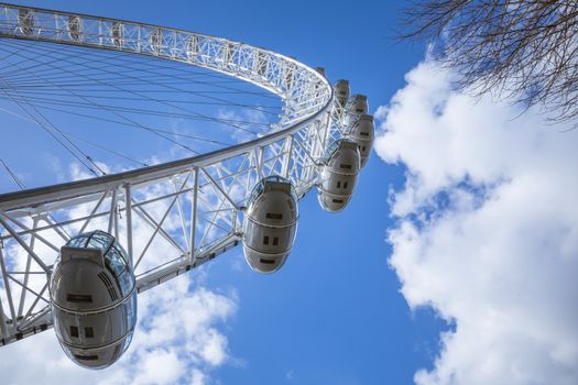 London, United Kingdom - 22 February, 2014: At 135m, the EDF Energy London Eye is the world’s largest cantilevered observation wheel. Looking from the ground on the eggs of London Eye.