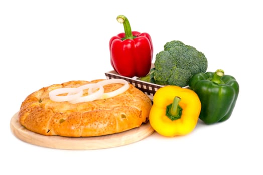 Composition with bread and vegetable  isolated on white .