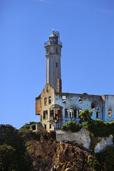 The working Lighthouse positioned on Alcatraz Island in San Francisco Bay