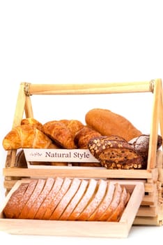 Composition with bread in basket isolated on white .