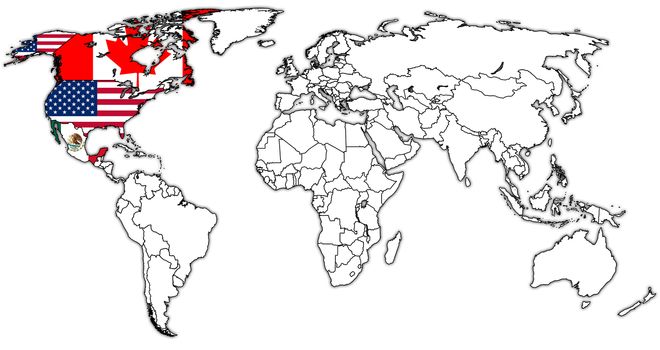 North American Free Trade Agreement on world map with national borders