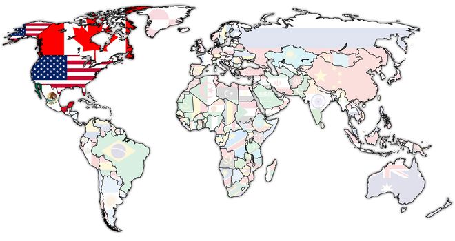 North American Free Trade Agreement on world map with national borders