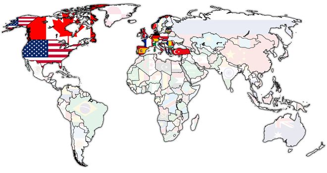 North Atlantic Treaty Organization on old vintage world map with national borders