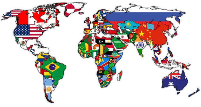 flags on isolated over white world map with national borders