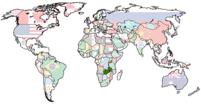 zambia flag on old vintage world map with national borders