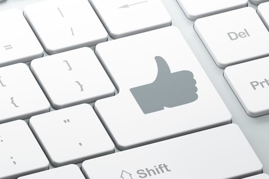 Social media concept: Enter button with Thumb Up on computer keyboard background, 3d render