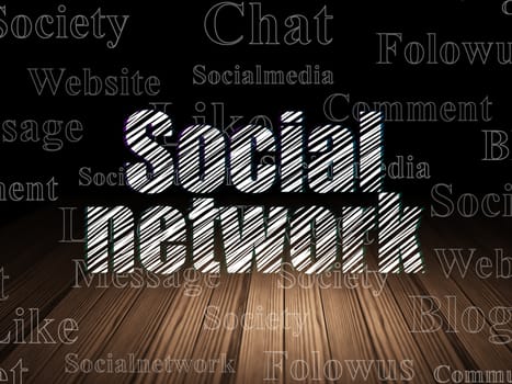 Social network concept: Glowing text Social Network in grunge dark room with Wooden Floor, black background with  Tag Cloud