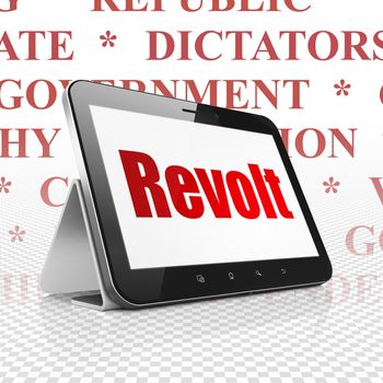 Political concept: Tablet Computer with  red text Revolt on display,  Tag Cloud background