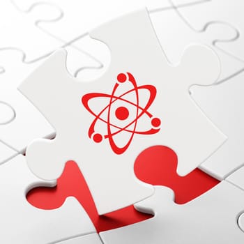 Science concept: Molecule on White puzzle pieces background, 3d render
