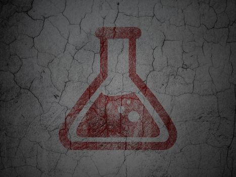 Science concept: Red Flask on grunge textured concrete wall background